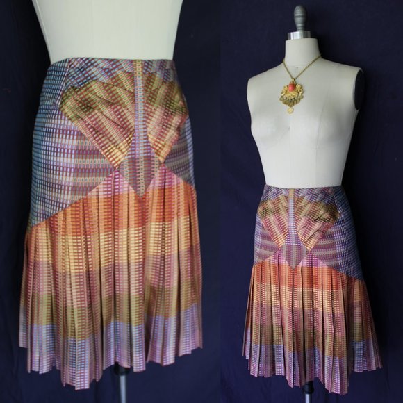 Vintage ZAC POSEN couture Peacock art Deco silk pleated dress skirt $1795 M - Picture 1 of 11